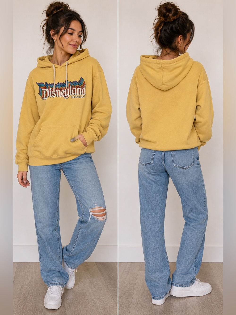 Disney Parks Disneyland Resort Rainbow Logo Hoodie Mustard Yellow Unisex Adult S